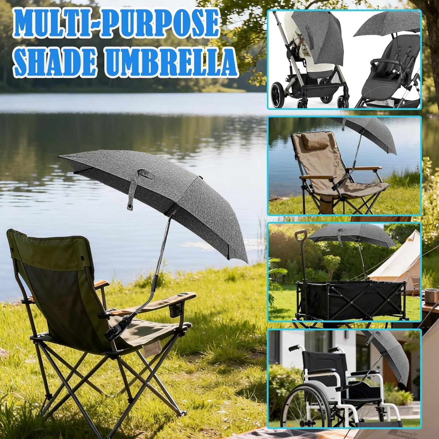 Skiennix Chair Umbrella - 78cm UV Protection Sun Shade with 360° Adjustable Clamp for Strollers & Beach Chairs