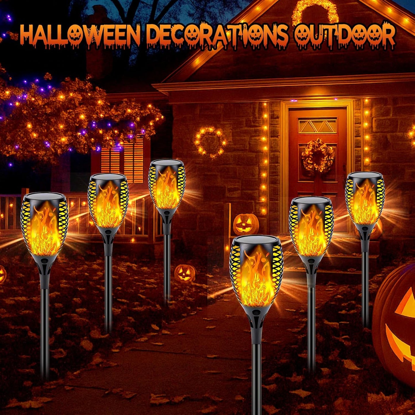 10 Pack Mini Solar Torch Lights - Flickering Flame Outdoor Decor for Halloween, Waterproof Solar Garden Pathway Lights