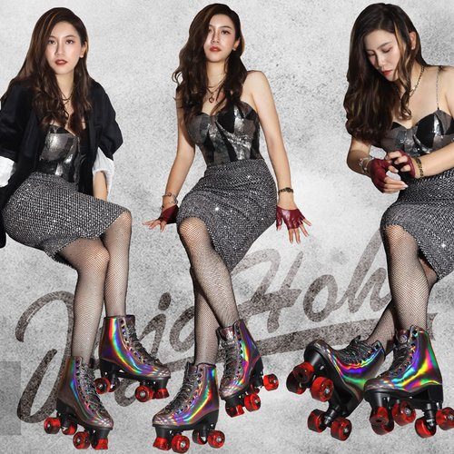 JajaHoho Roller Skates for Women and Men, Holographic High Top Classic Rollerskates, Shiny Double-Row Four Wheels Quad Skates for Girls, Age 8-50 Indoor & Outdoor (Size 10, Golden Black)