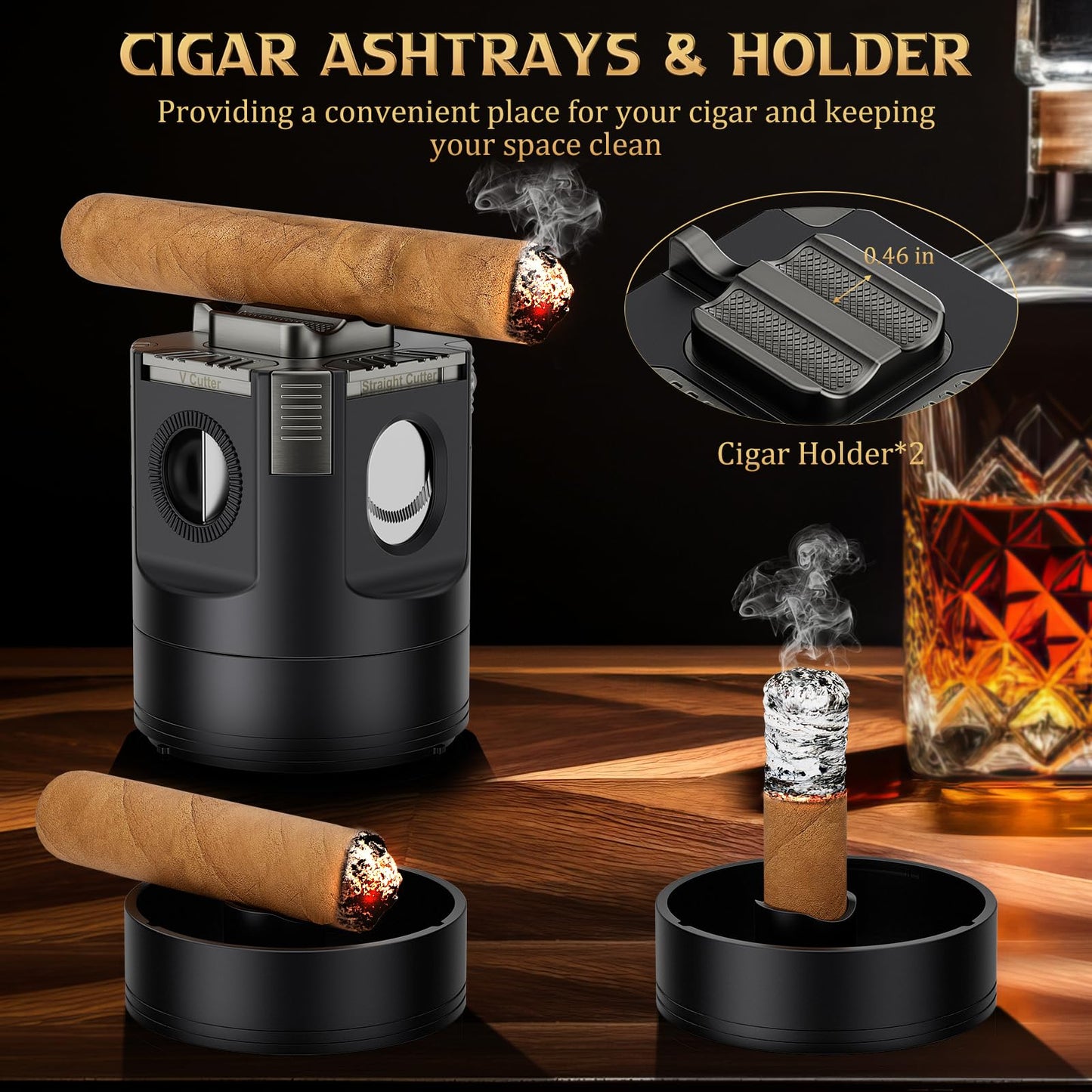 XIFEI 8-in-1 Desktop Cigar Lighter Kit, 4 Jet Flame Torch Lighter with V Cutter Guillotine, Punch, Holder, 3 Draw Enhancer Tools, 3 Ashtrays, Cigar Accessories for Home, Office, Bar & Gifts (Black)