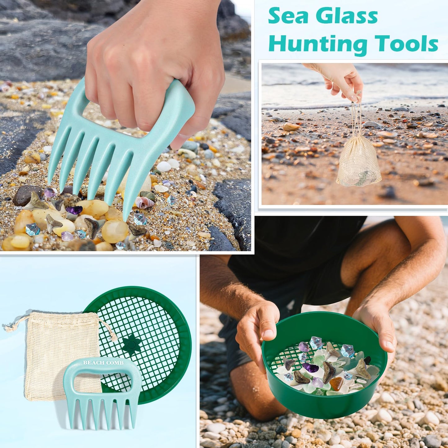 Sand Scoop with Shovel Sand Flea Rake with Beach Mesh Bag Plastic Sand Sifter for The Beach Shell Scooper Shark Teeth Digger for Picking Up Shells Sea Glass Hunting Tools Beach (Blue with Sifter)
