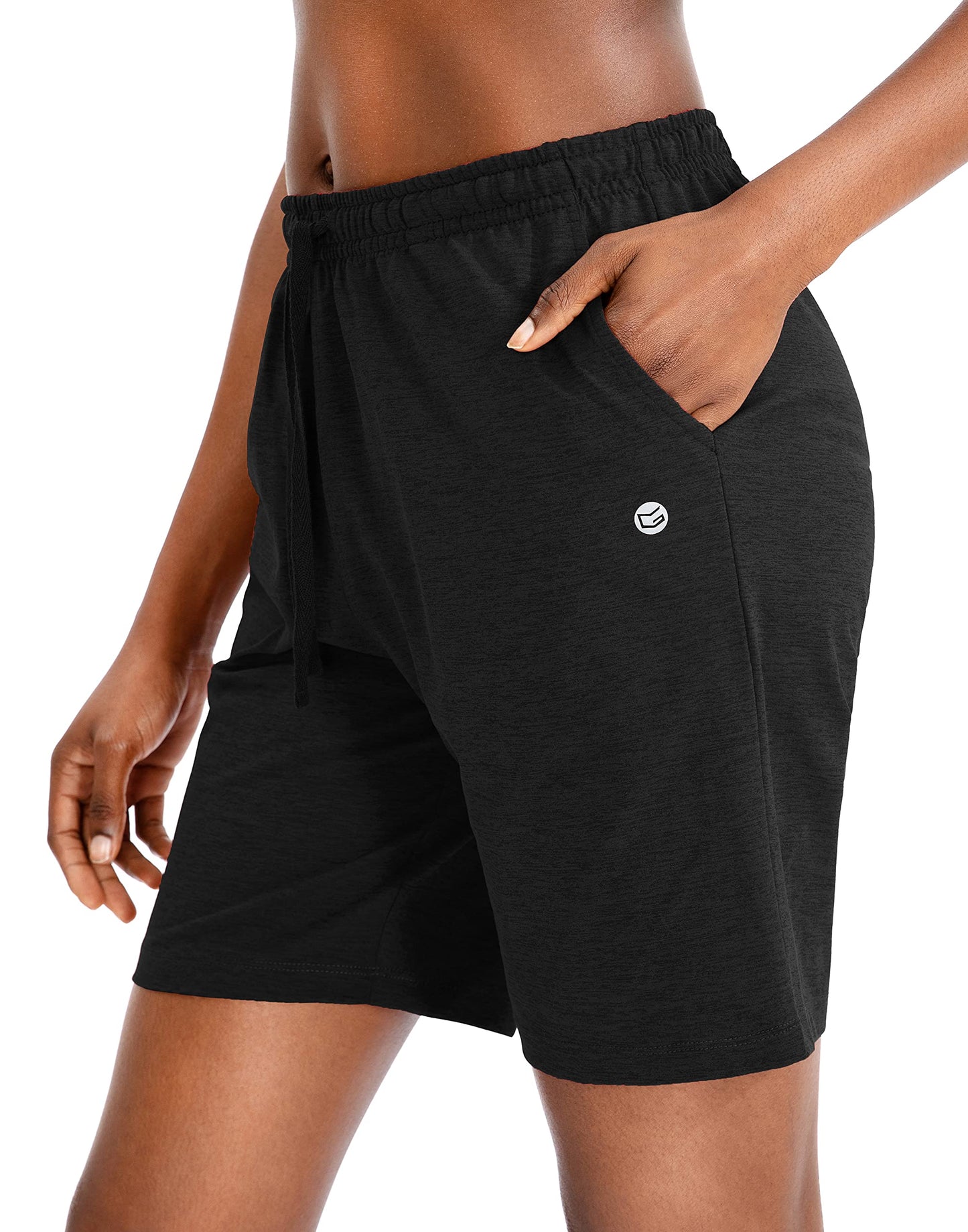 G Gradual Women's 7" Shorts with Deep Pockets Elastic Waist Bermuda Jersey Long Shorts for Woman Lounge Walking (Black,7",M)