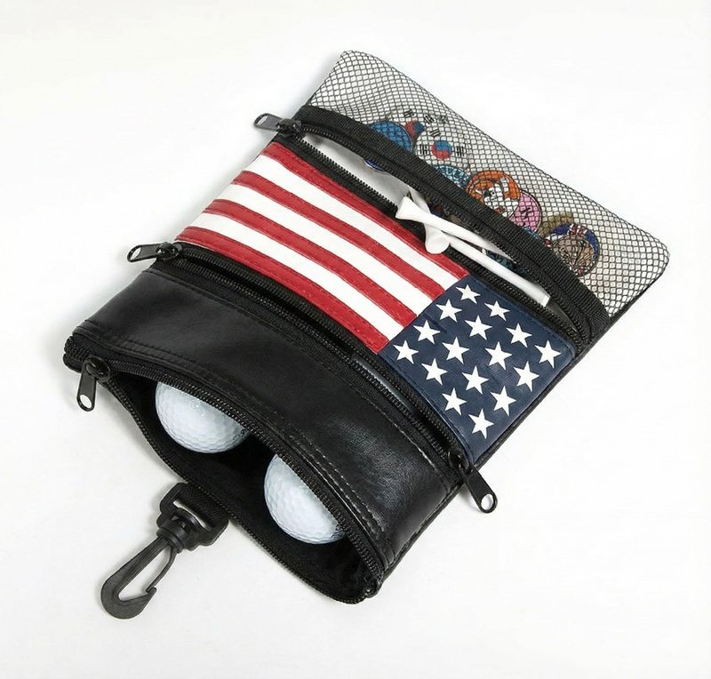 Multifunctional Golf Accessories Pouch – 3 Zippered Compartments for Golf Tees, Balls, Markers & Personal Items | Clip-On Bag for Easy Attachment to Golf Bags (US Flag)