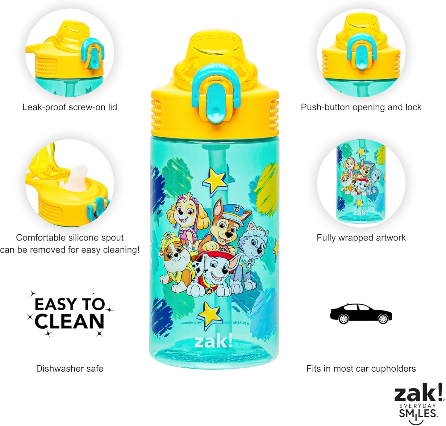 Zak Designs PAW Patrol Water Bottle - 16oz Durable Plastic With Straw & Leak-Proof Cover | Perfect for School & Travel