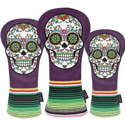 SHABIER Purple Golf Fairway Headcover with Green Embroidery Sugar Skull Design for Golf Club