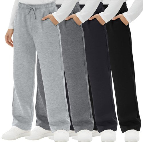 LessonZoo 4 Pack Boys Sweatpants Straight Leg Open Bottom Athletic Joggers Lightweight Elastic Waist Pants with Pockets(Black, Dark Gray, Heather Gray, Light Heather Gray,13-14 Years)
