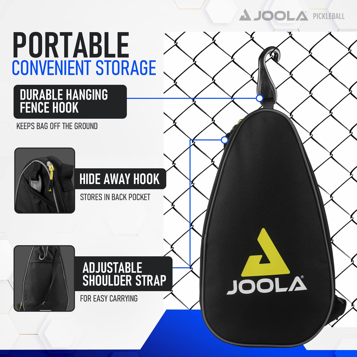 JOOLA Vision Duo Pickleball Cover and Bag - Sling Bag for Paddles & Accessories - Easily Fits Two Paddles, Two Pickleball Balls, & Small Accessories - Includes Hideaway Fence Hook - Black
