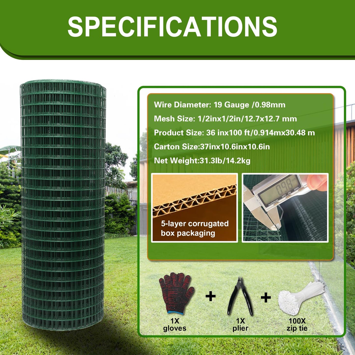 Wirewonders Hardware Cloth 1/2inx 36in x 100ft Chicken Wire, Green Garden Fence, PVC Coated Metal Welded Wire Mesh for Preventing Snakes, Raccoons, Foxes, Poultry Netting