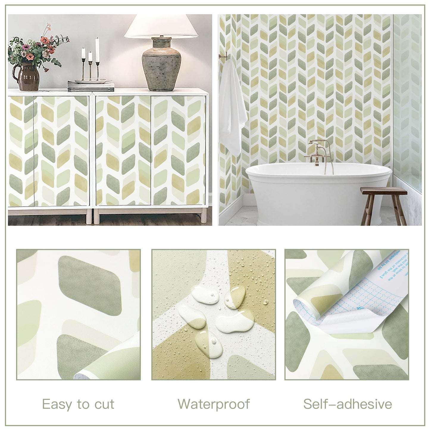 Fiula Boho Peel and Stick Wallpaper Checkered Contact Paper 17.3"x78.7" Neutral Geometric Wall Paper Modern Self Adhesive Removable Wallpaper for Bathroom Kitchen Cabinets Waterproof(Green/Yellow)