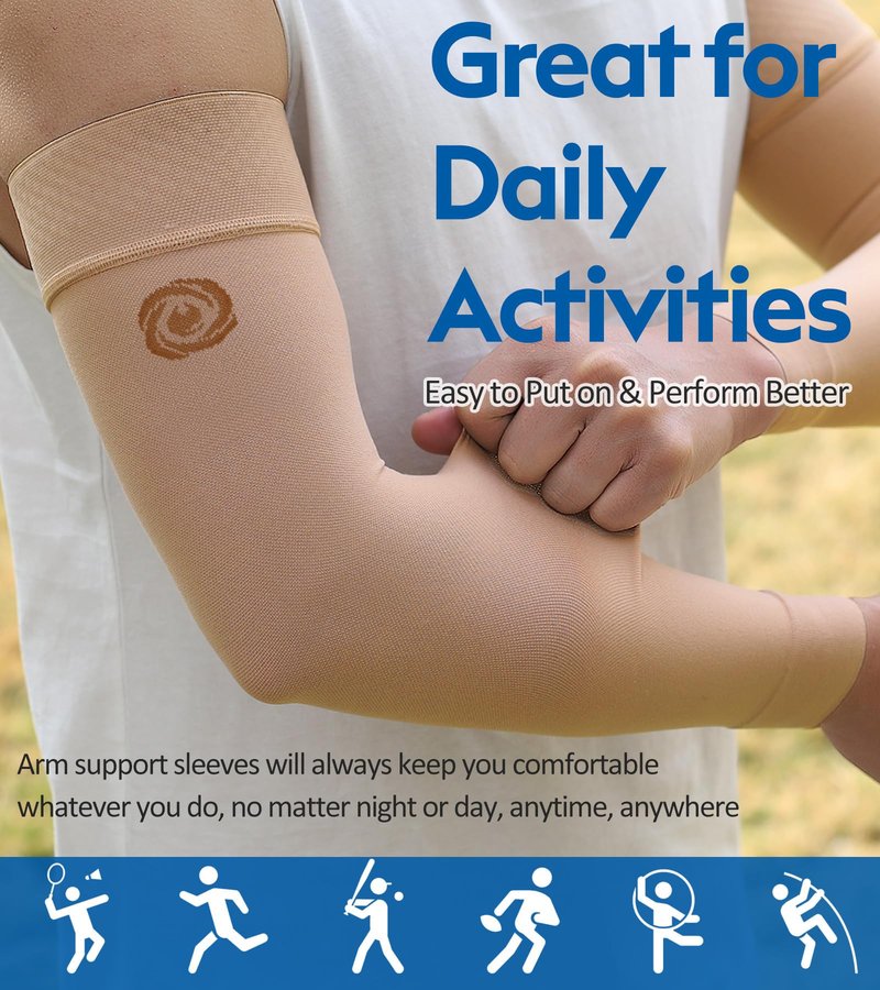 NURCOM® Medical Compression Arm Sleeve for Men Women, 20-30 mmHg with Silicone Band for Lymphedema, Lipedema, Pain Relief, Edema, Swelling, Post Surgery Recovery, 2 Pack, Beige M