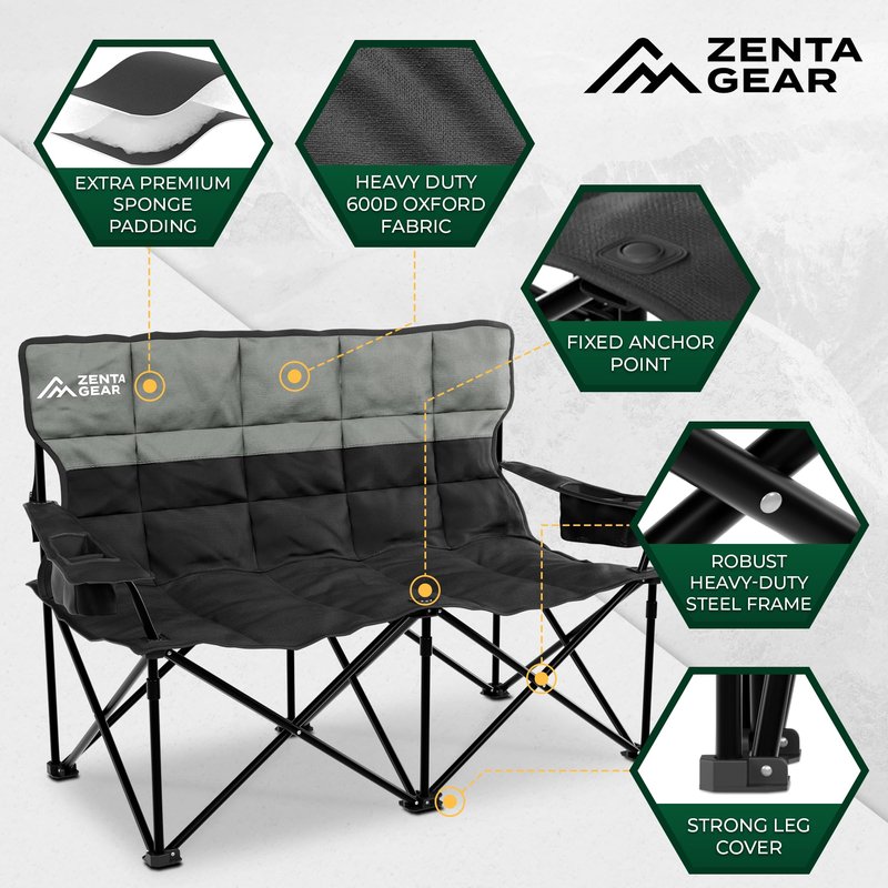 ZENTA GEAR Oversized Fully Padded Double Camping Chair, Portable Folding Loveseat w/Side & Back Pockets, Adjustable Armrests, Double-Sized Cup Holders for Outdoor, Indoor, Supports 530LBS (Black)