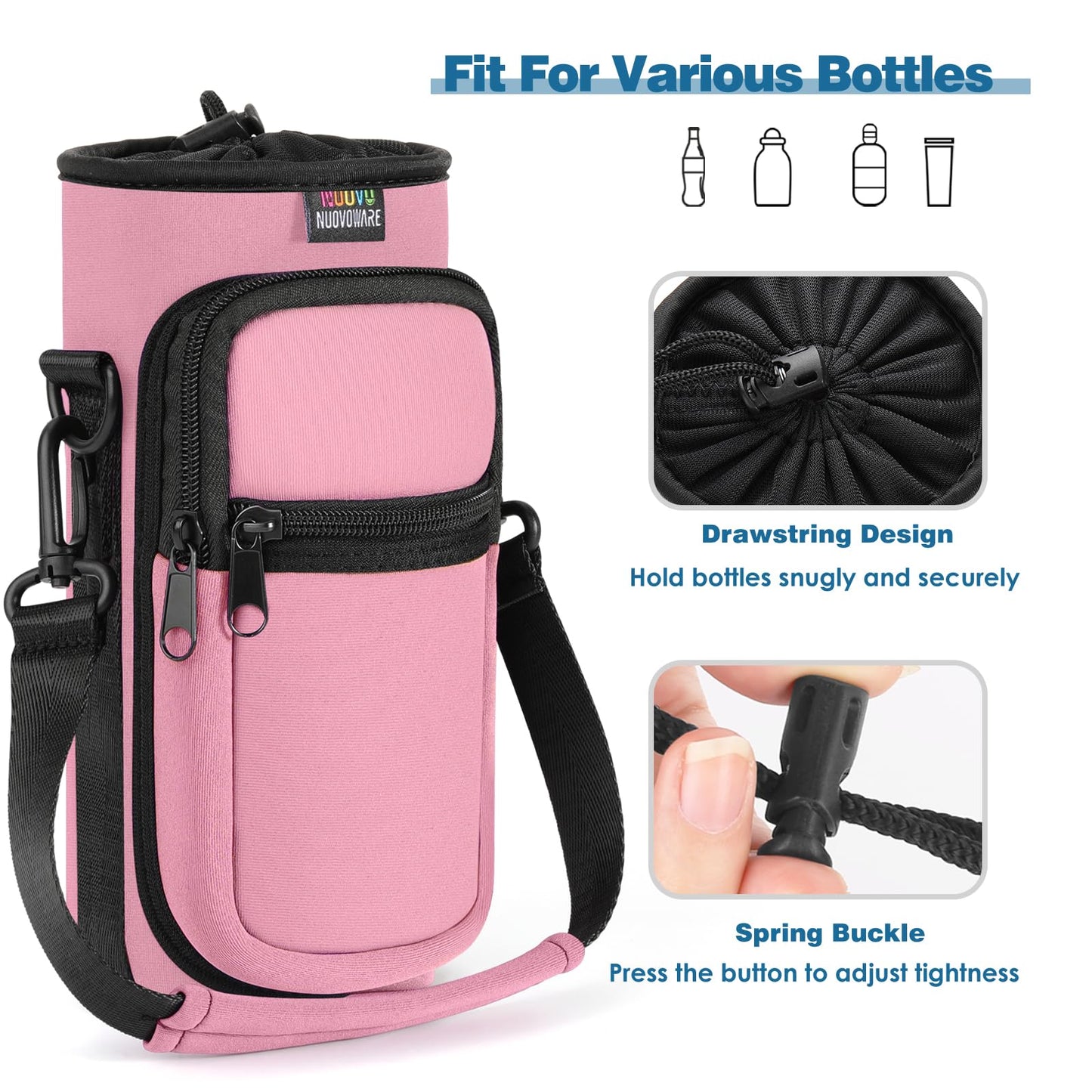 Nuovoware Water Bottle Carrier Bag, 25oz/32oz Bottle Pouch Holder, Adjustable Shoulder Hand Strap 2 Pocket Sling Neoprene Sleeve Sports Accessories for Men/Women Hiking Travelling, Pink
