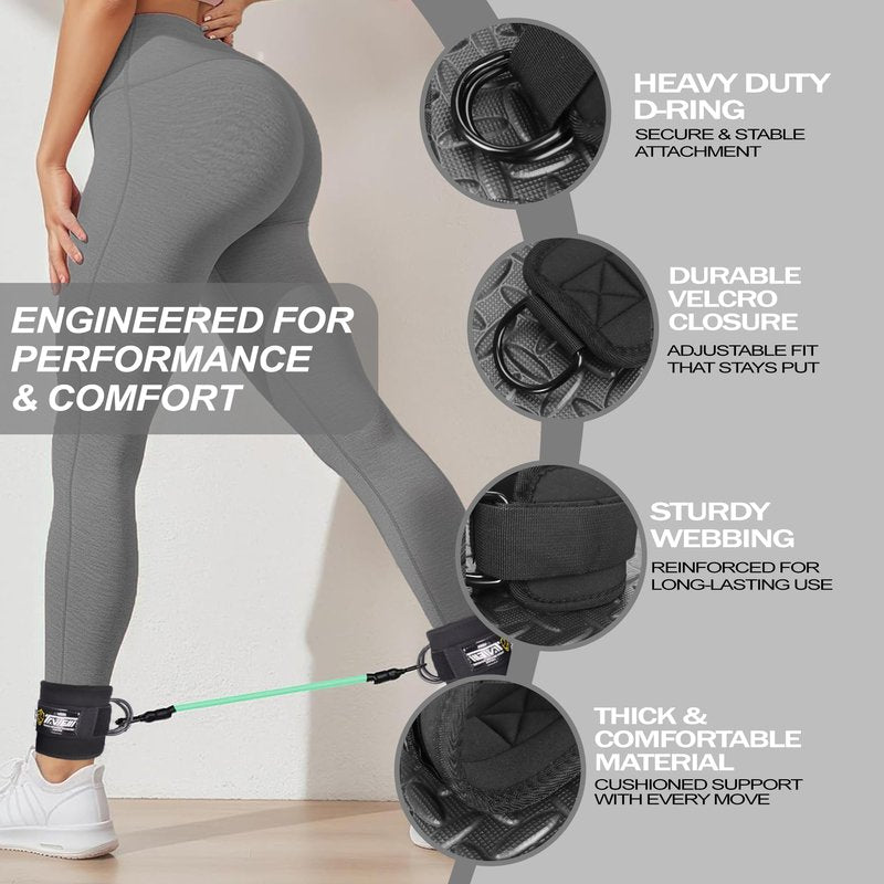 Ankle Straps Resistance Bands with Cuffs, Ankle Bands for Working Out, Ankle Resistance Band for Leg, Booty Workout Equipment for Kickbacks Hip Fitness Training (Black Baisc with 3 Resistance Bands)