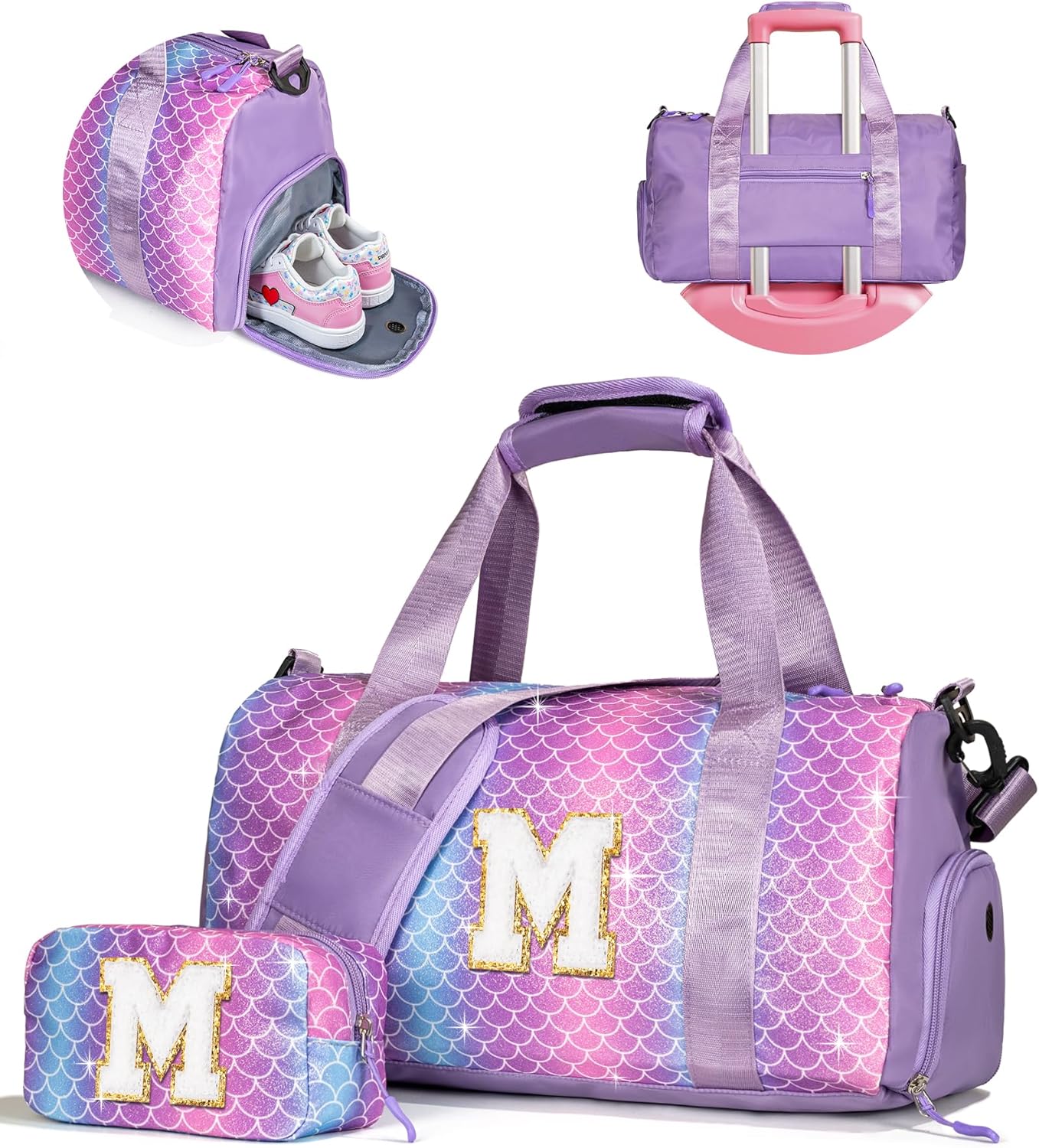 Skiennix Personalized Gym Bag for Girls - Stylish Weekender Tote with Shoe Compartment & Makeup Pouch | Ideal Gift for Ages 3-10 (Letter M)
