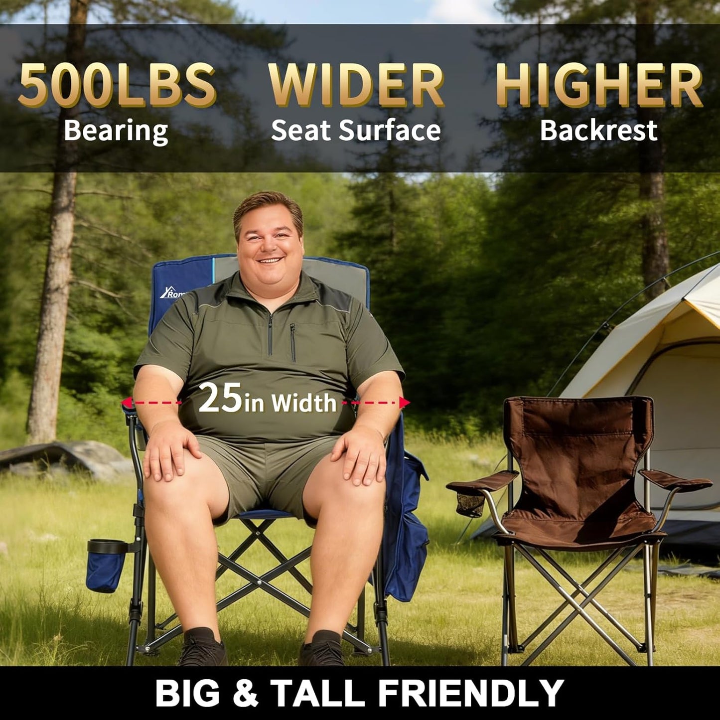 Romswi Heavy Duty Folding Camping Chairs - 500 LBS Capacity, Oversized with Cup Holder & Side Pocket | 2 Pack