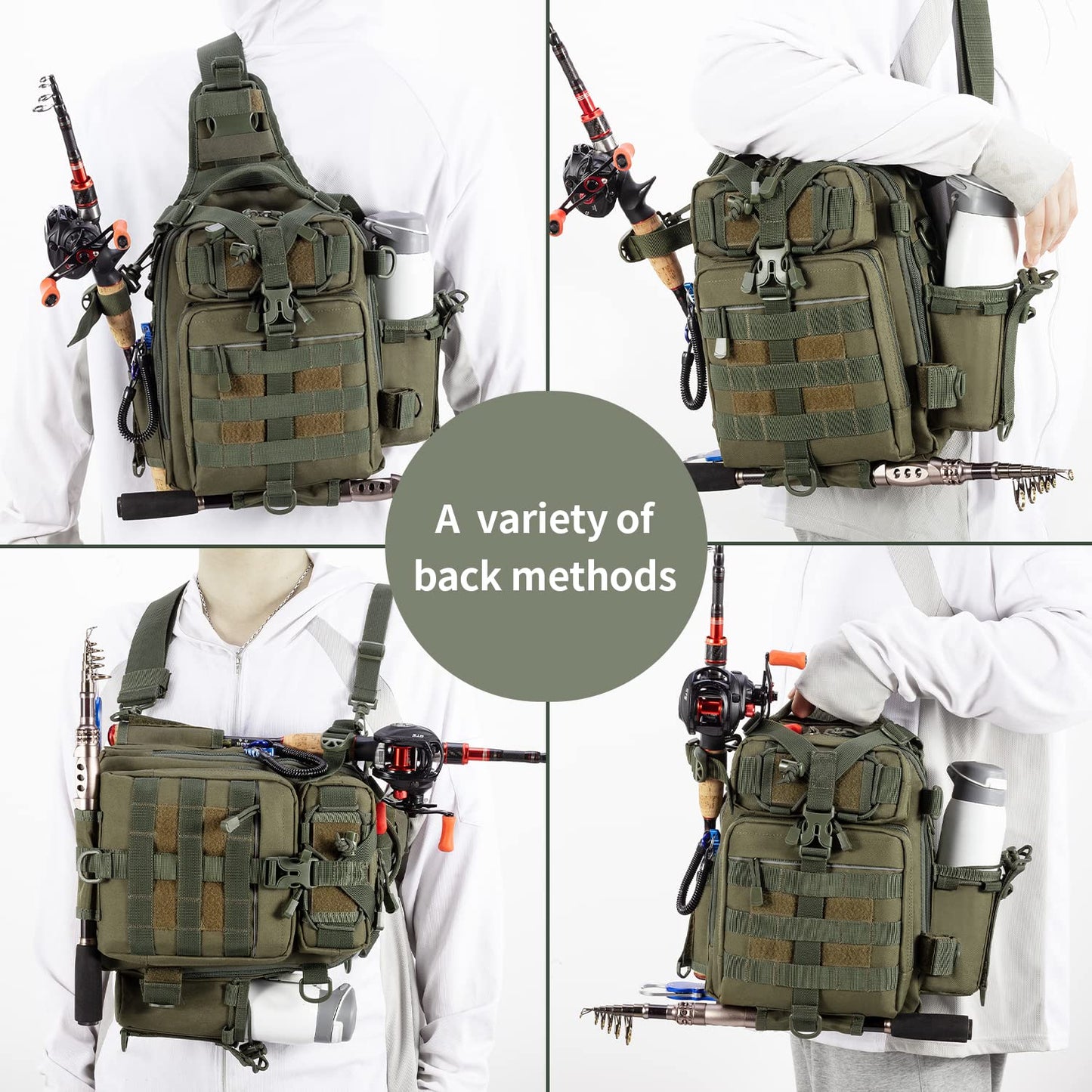 BLISSWILL Fishing Backpack Outdoor Tackle Bag Large Water-resistant Fish pack with Rod Holder Shoulder Backpack fishing gifts for men (Army Green)
