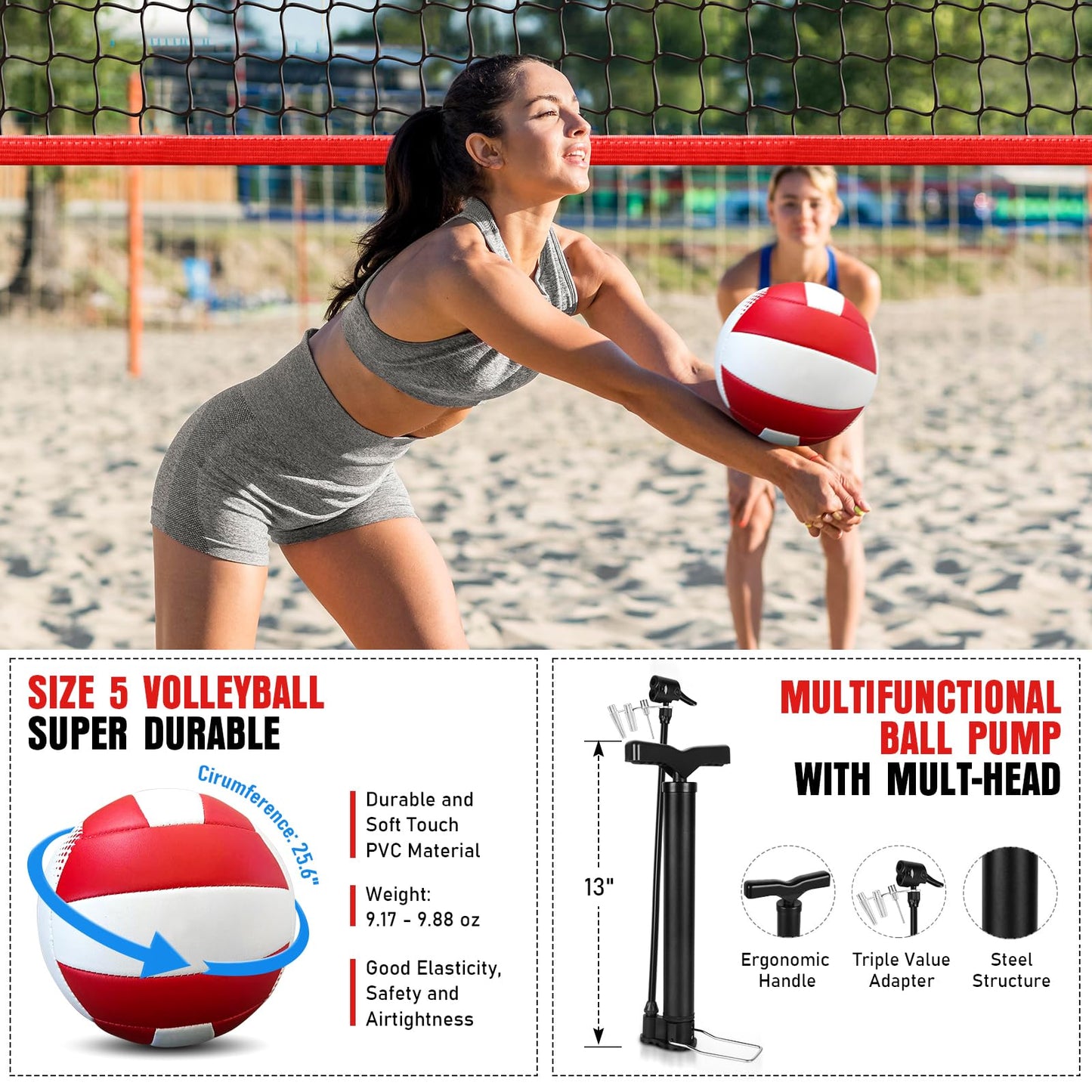 12Ft Beach Volleyball Net for Backyard, Portable Net Set, Freestanding Volleyball Training Equipment with Pump, Bag, Sports Game for Outdoor Indoor, Height Adjustable