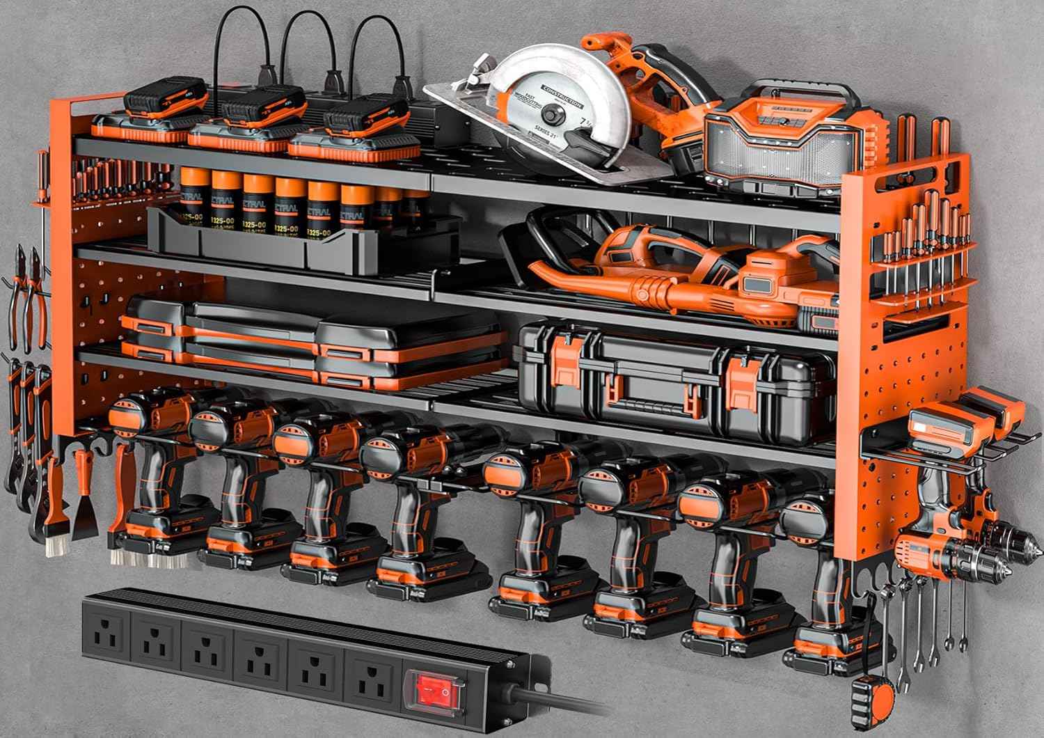 Heavy Duty Wall Mount Power Tool Organizer with Charging Station & 10 Drill Holders