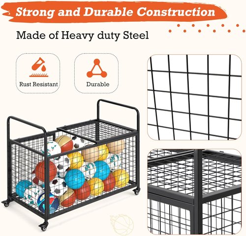 AECOJOY Ball Cart Storage - Rolling Basketball Bin with Wheels for Indoor & Outdoor Use | Sports Equipment Organizer