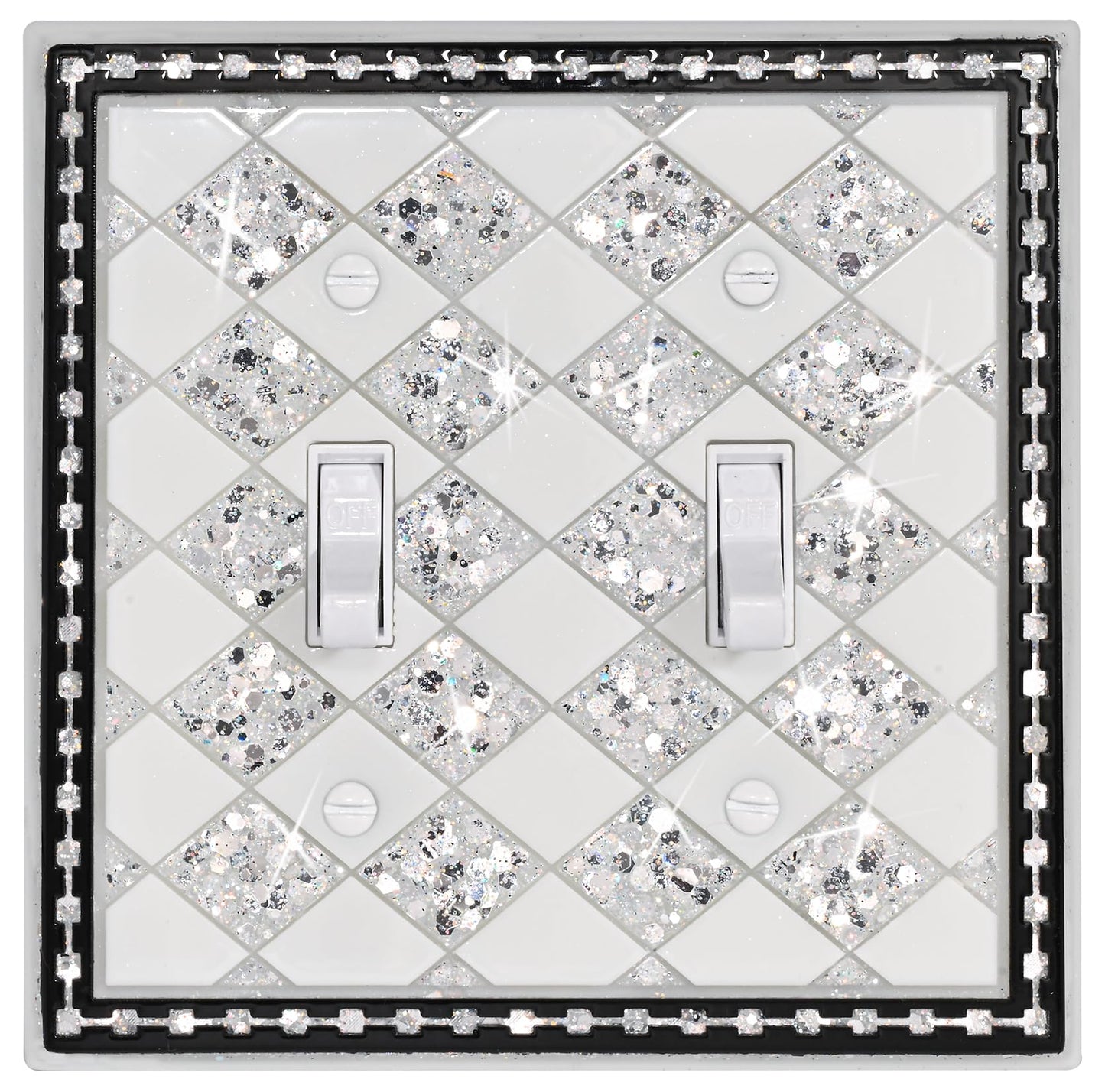 YNQIZKI Light Switch Cover Plate,Silver Sparkle 2 Gang Wall Plate,Bling Switch Plate Covers,Double Toggle Midsize 4.9''x4.8''