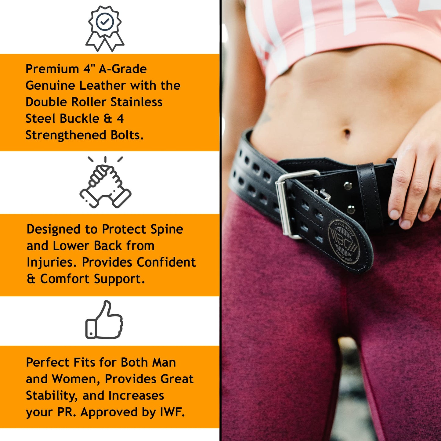 WARM BODY COLD MIND Leather Weight Lifting Belt 4" Adjustable Belt with Buckle for Workout, Squats, Gym, Powerlifting, Olympic Weightlifting, Strength Training. Waist/Back Support (Black, XXX-Large)