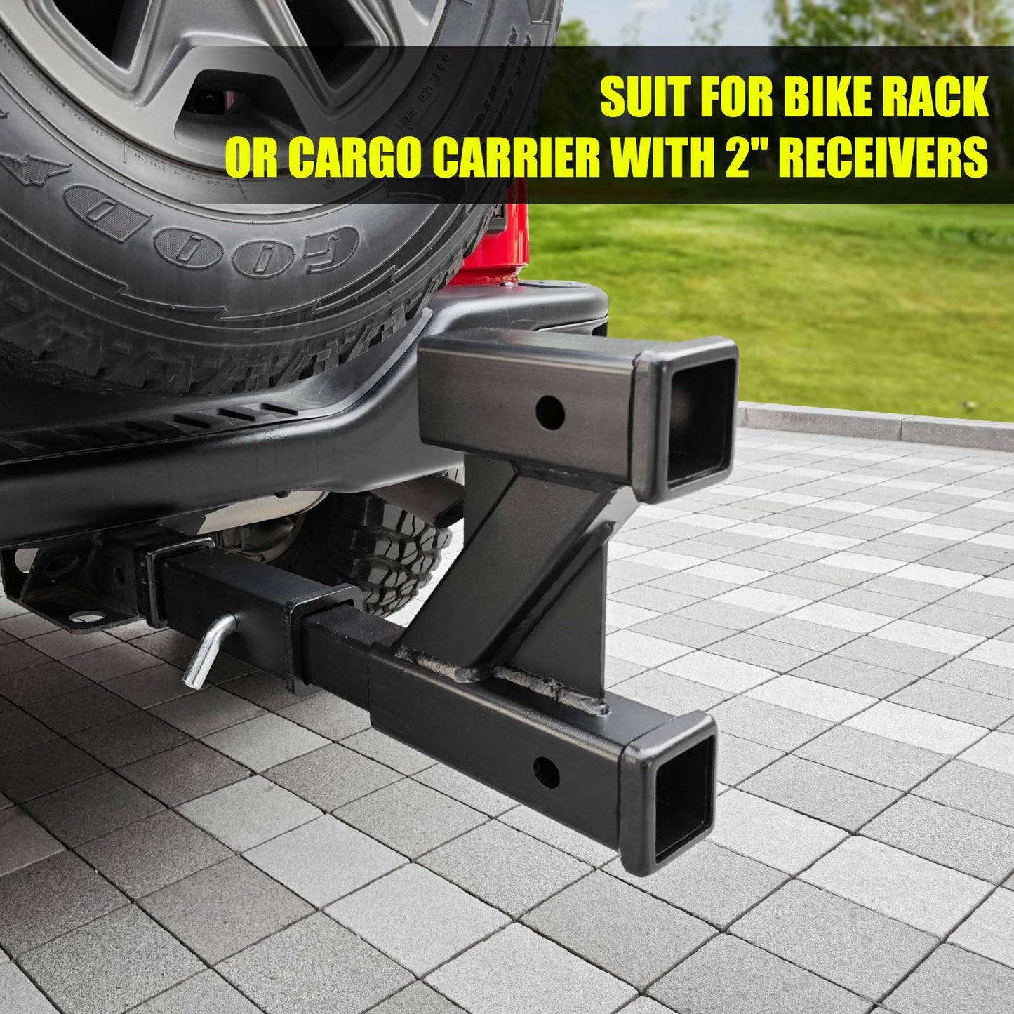 KAIRAY Double Hitch Receiver, 2 inch Trailer Dual Hitch Extension Riser, Hitch Adapter Fits for 2 inch Receiver Extender to 10 inch Max Length, 8 Inch Riser/Drop