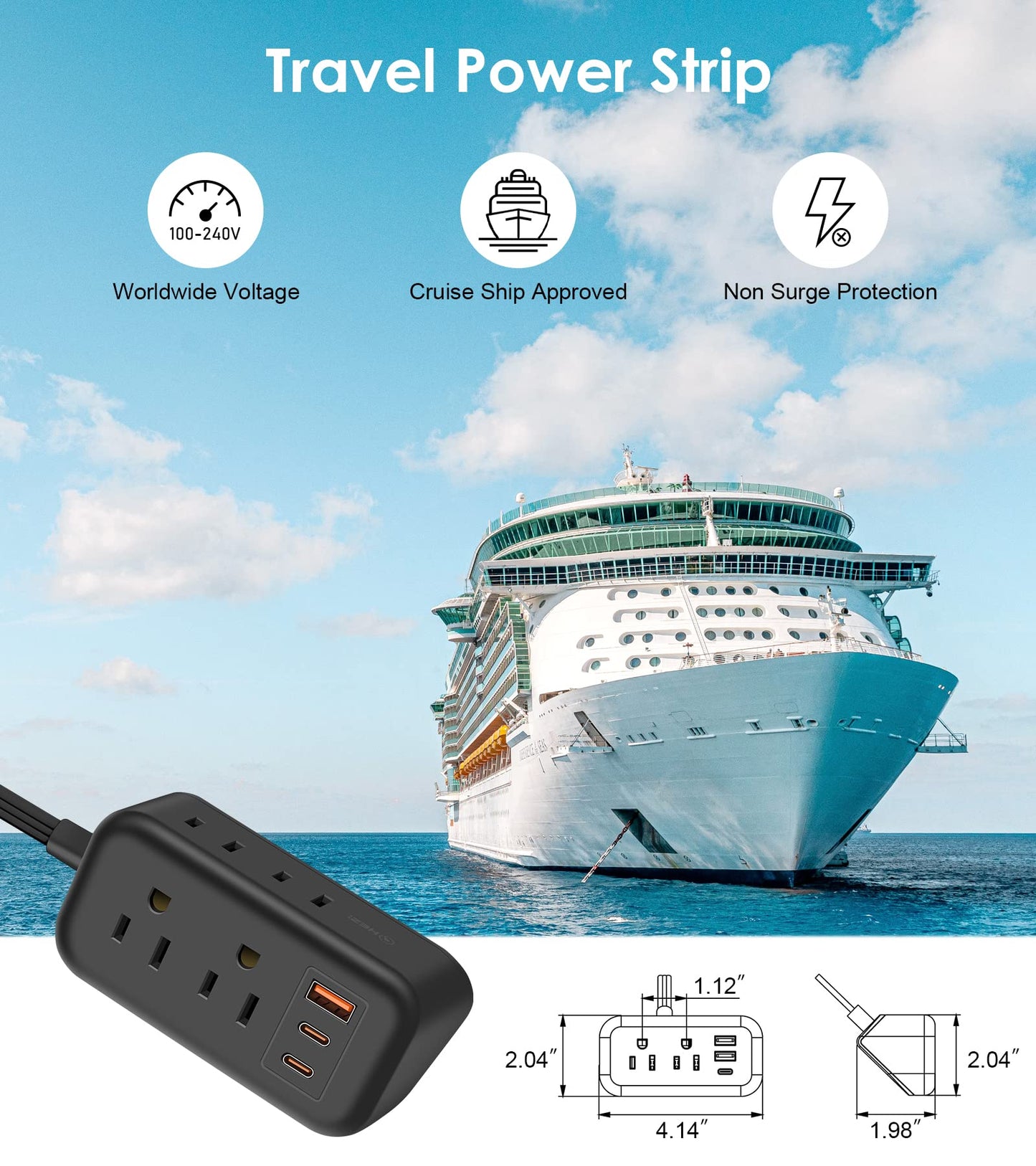 Cruise Ship Essentials - 30W USB CTravel Power Strip Flat Plug, 3 Ft Flat Extension Cord with 4 Outlets 3 USB Ports(2 USB C), Small Power Strip No Surge Protection for Cruise Travel Home Office