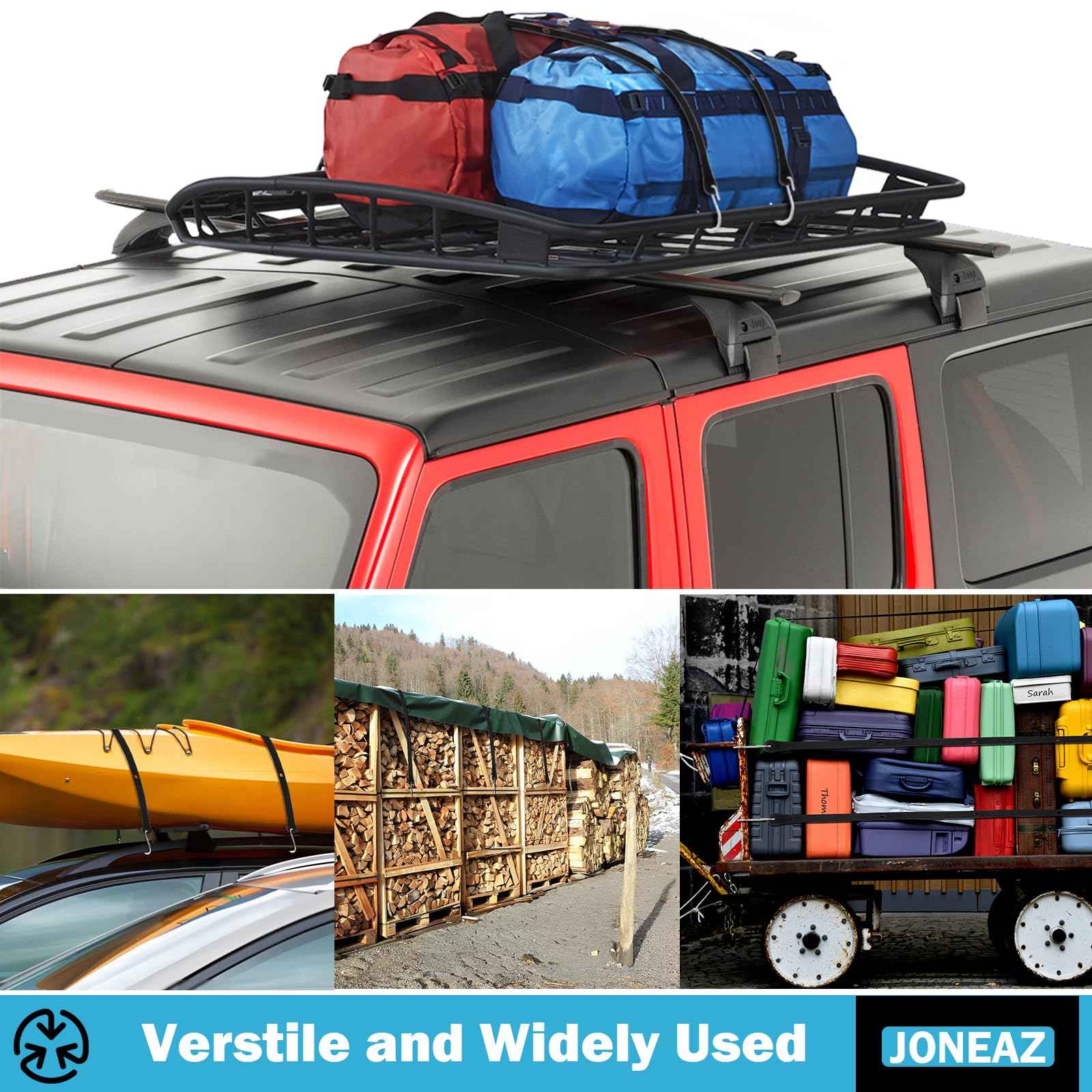 Joneaz Flat Silicone Rubber Bungee Cords with Hooks Adjustable, 36 inch, 4 Pack Heavy Duty Tie Down Straps，Above 150% Stretch