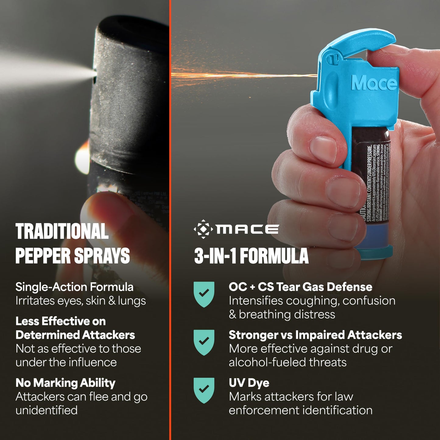 Mace Pepper Spray - Triple Action Pocket, 3-in-1 (OC, Tear Gas, UV Dye), Max Police Strength, 0.42 oz, 10 Feet Range, Flip Top Safety Cap, Self Defense Pepper Spray for Women & Men - Blue