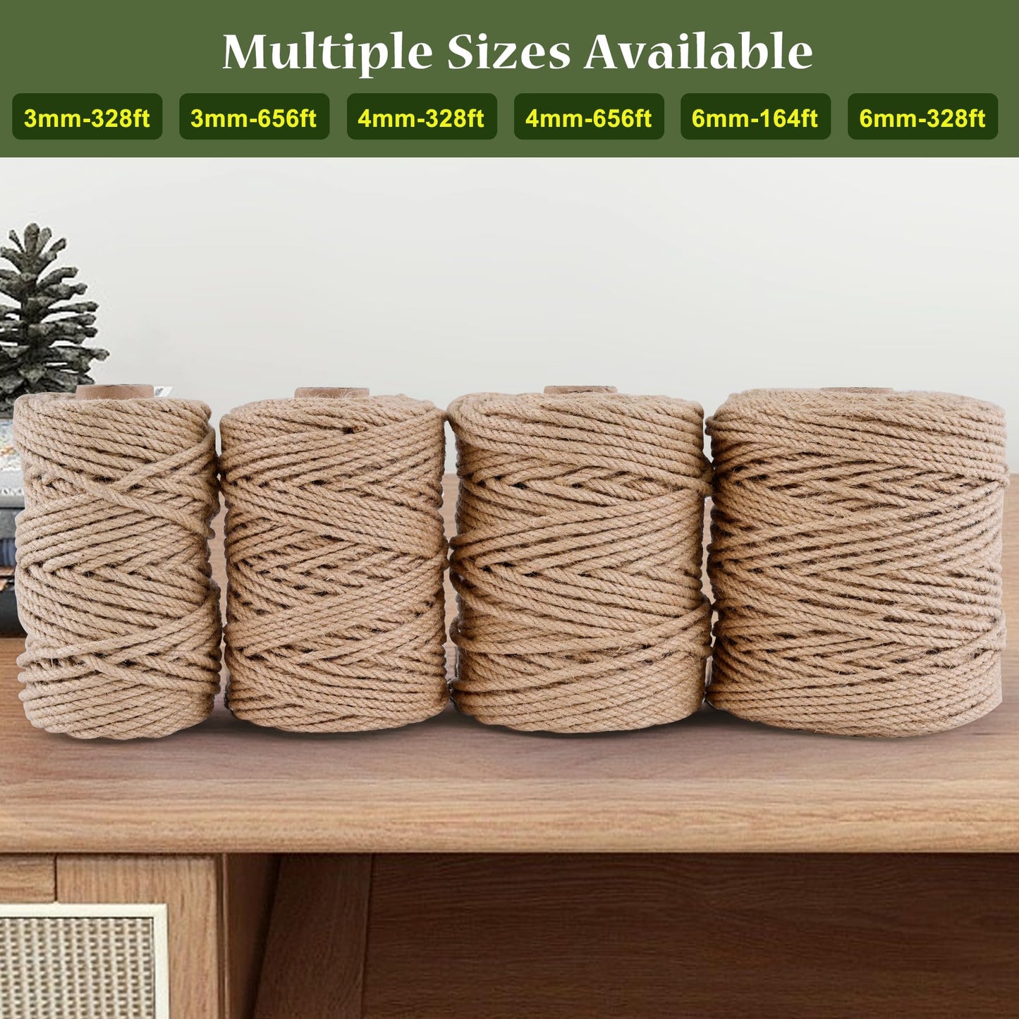Natural Jute Twine 656ft 3mm,3Ply Twisted Thick Twine Rope Strong Jute String Roll for Crafts Gift Wrapping Gardening Home Decor Bundling Cat Scratching Post