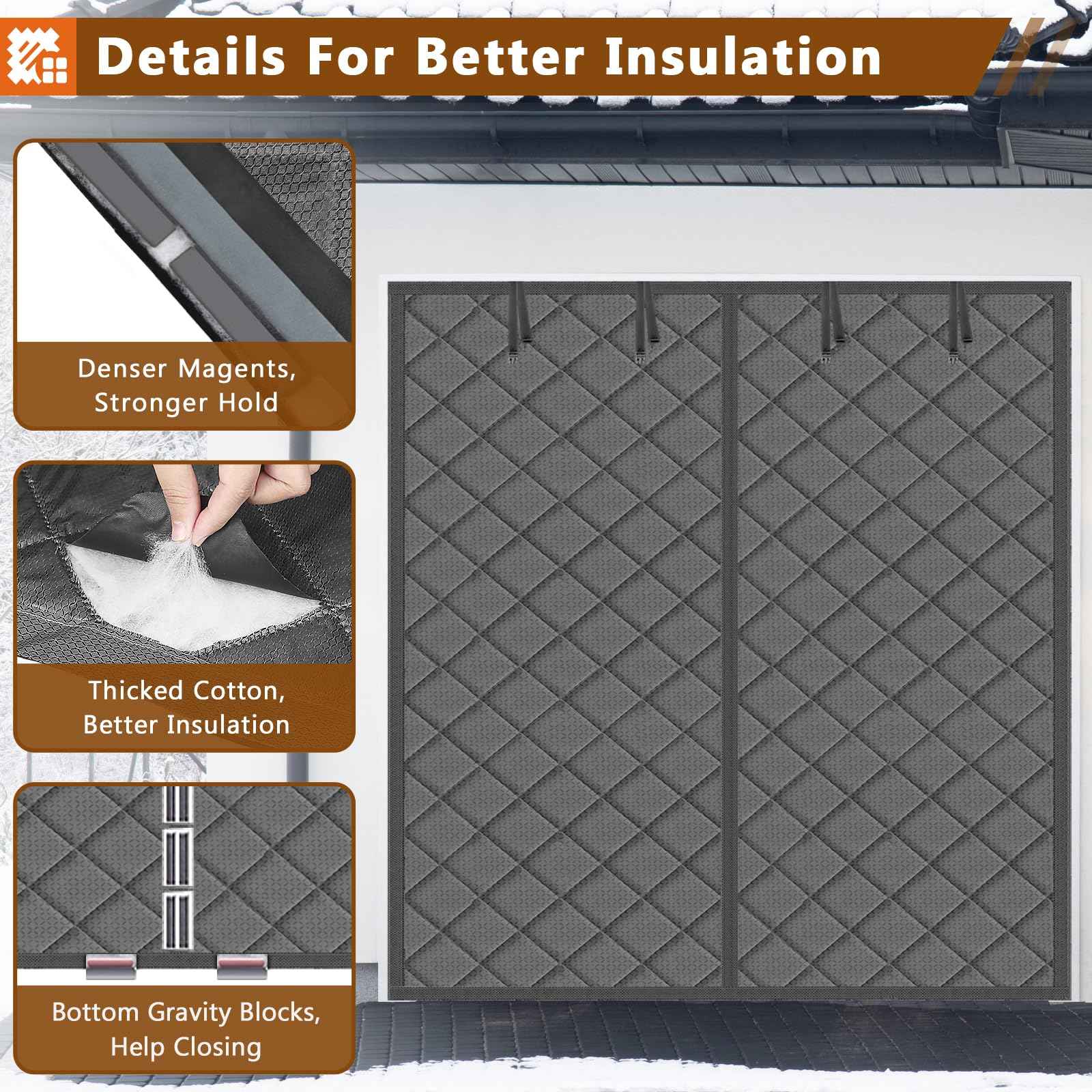Garage Door Insulation Curtain for Winter 1 car 9 x 7 ft Magnetic Insulated Thermal Garage Screen Door Waterproof Thicken Cotton Cover Blanket Gray