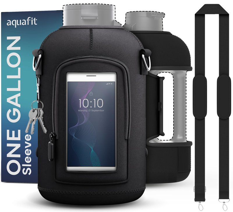 AQUAFIT 1 Gallon Jug Sleeve, Neoprene Water Bottle Bag with Adjustable Shoulder Strap and Pocket, 128 oz Sling Bag, Carrier Bag (Sleeve Only - No Bottle, Black)