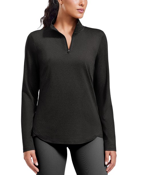 PINSPARK Long Sleeve Workout Top for Women 1/4 Zip Pullover Lightweight Yoga Gym Shirt V Neck Running Tops Loose Fit, Black Large