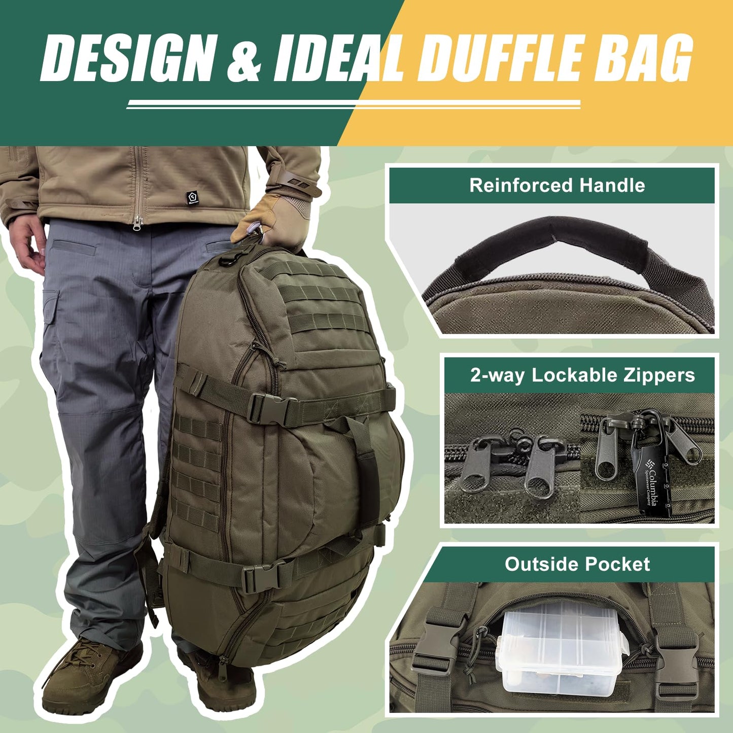 EASY BW 65L Large Travel Gym Duffle Bag with Tensile Strength Pom Buckle Military Tactical Backpack, Army Pack for Outdoor Sport with Molle System, Olive Green