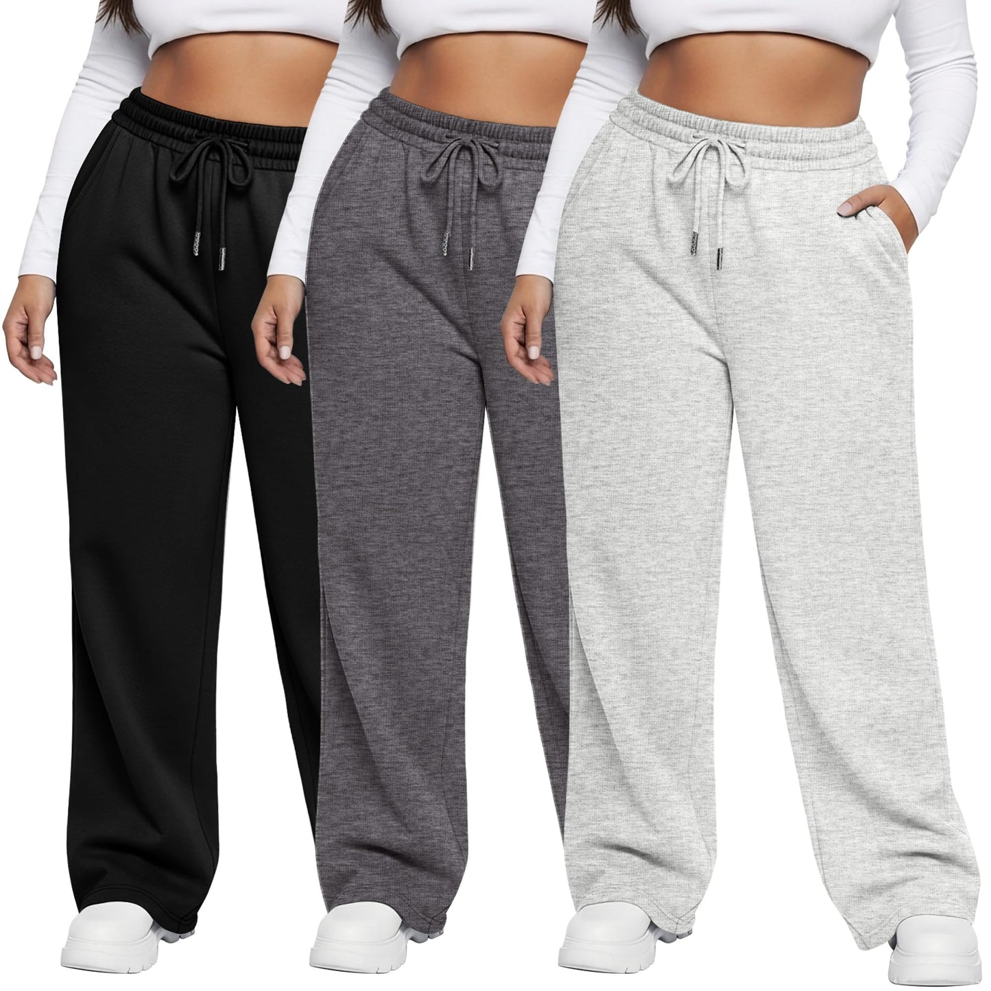 Neer 3 Pack Women's Plus Size Wide Leg Sweatpants Y2k Cargo Flowy Pants Travel Versatile Street Style Joggers with Pockets(Beige Gray, Dark Gray, Black,3X-Large)