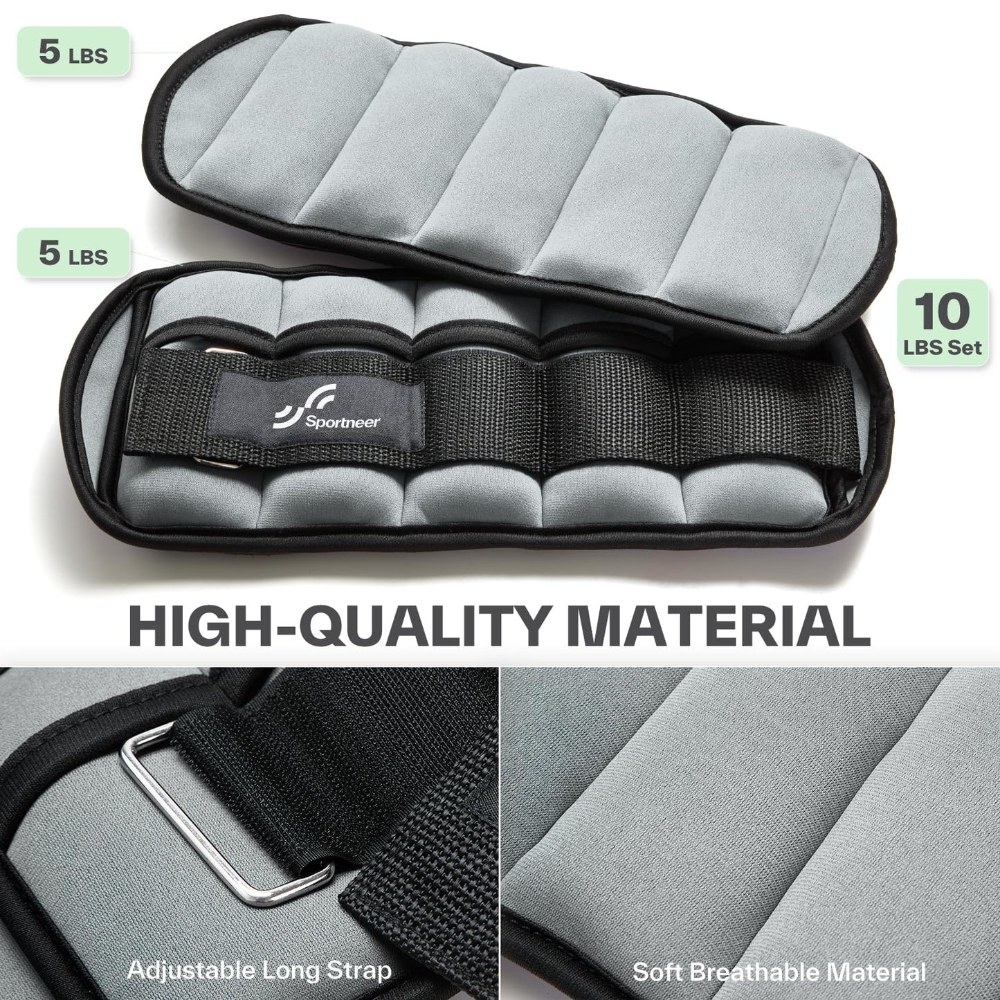 Sportneer Adjustable Ankle Weights Set - 1 Pair (2-10 lbs) Removable Sandbags for Women & Men, Comfortable Neoprene Leg Weights for Walking, Running, Pilates, Yoga, Home Workout & Physical Therapy