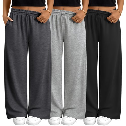 Evervibe 3 Pack Womens Plus Size Sweatpants Wide Leg Elastic High Waist Baggy Joggers Lounge Yoga Workout Pants with Pockets(Black, Light Mixed Gray, Dark Mixed Gray,XX-Large)