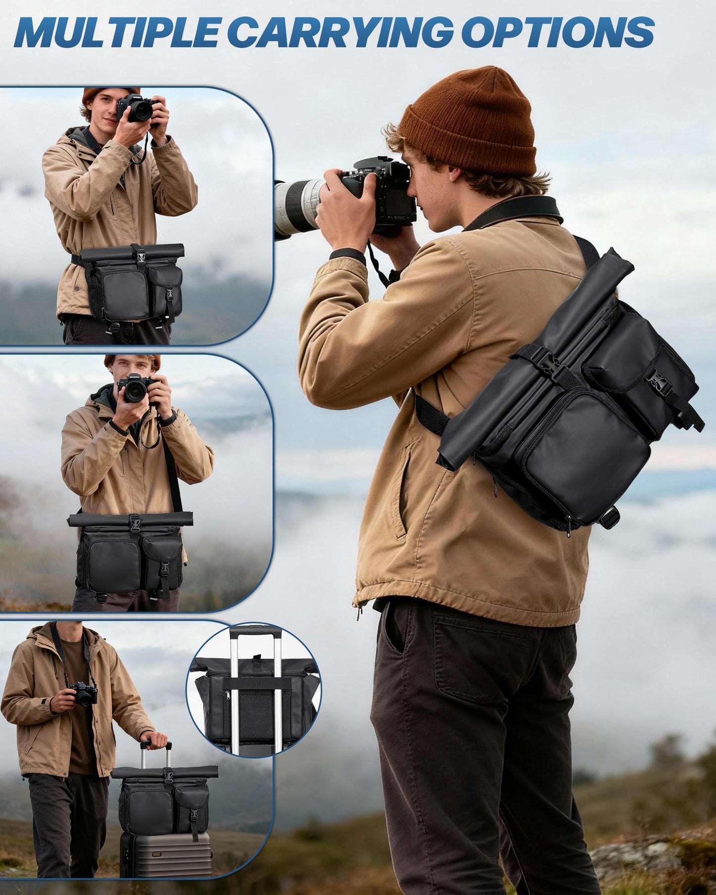 Smasrob Camera Bag with Tripod Holder, Rain Cover and Hidden Water Bottle Holder, Camera Sling Bag with Extra Storage Section, Black