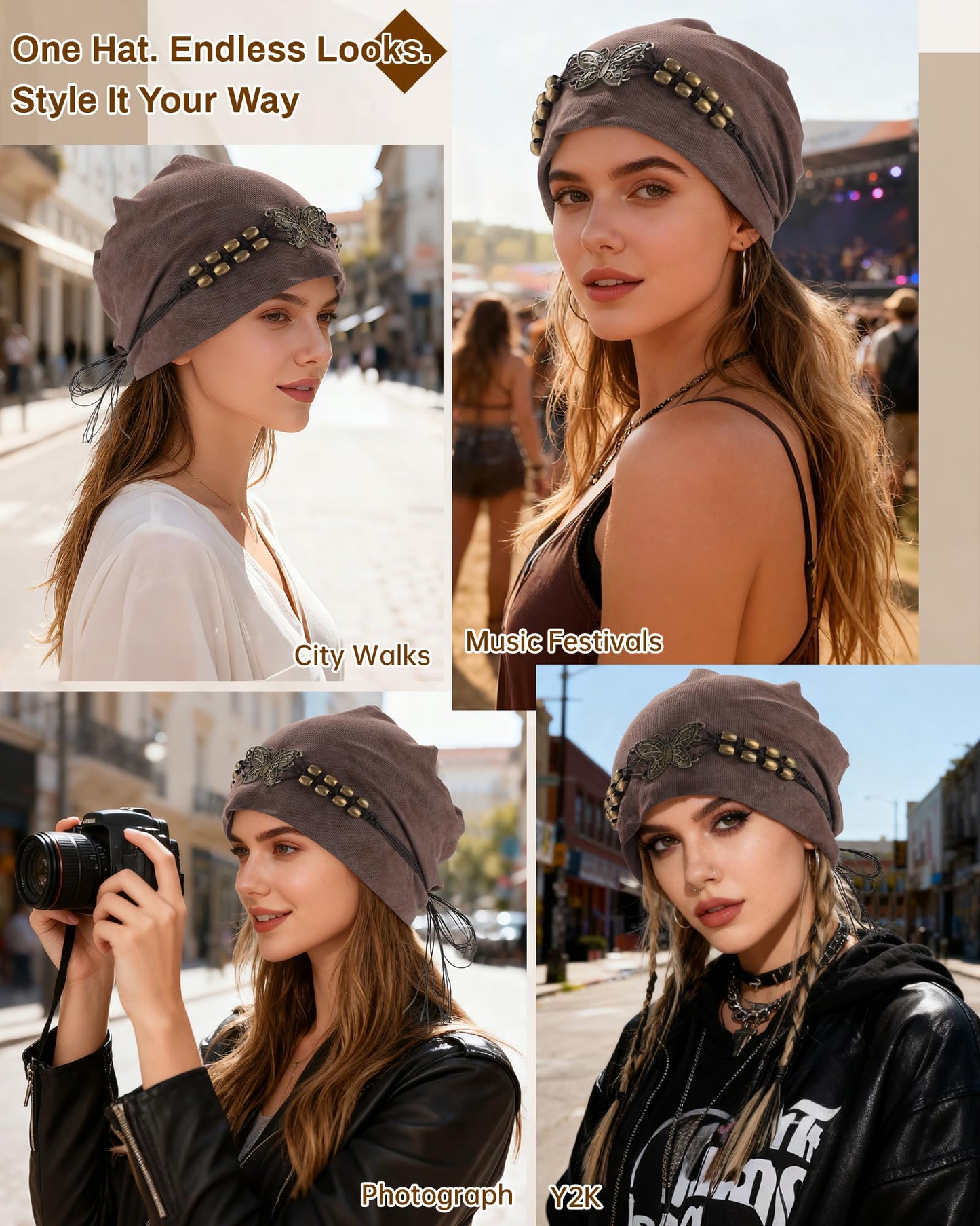 AWAYTR Slouchy Beanie Hat for Women - Retro Turban Hat with Metal Butterfly Beads Skull Caps Vintage Y2K Fashion Style (Coffee)