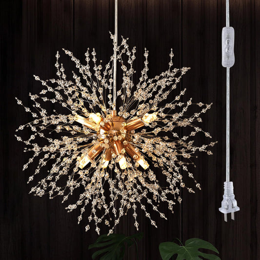 Plug in Crystal Chandeliers Firework, Dandelion Chandelier Modern, Gold Sputnik Pendant Light, 8 Light Hanging Ceiling Light Fixture G9 Socket for Dining Room Kitchen Bedroom Foyer Hallway Entryway