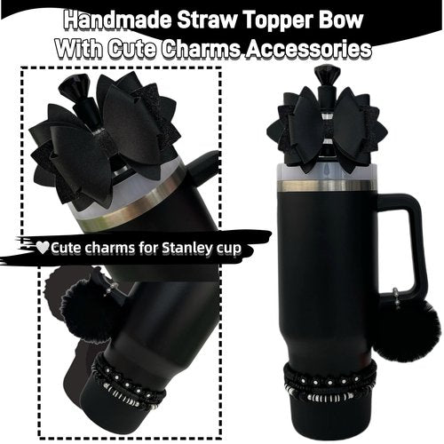 Accessories for Stanley Cup 40oz,3 Decorative Beads Charms for Stanleytumbler,1 Bow Straw Topper,1 Silicone Boot for Stanley40 oz,1 Pompom Ball for Stanleycup Handle,1 Straw Topper Cover (Black)