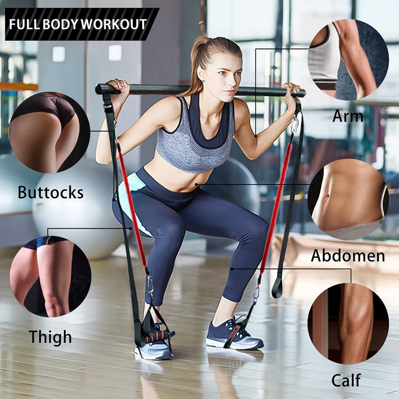 180LBS Adjustable Pilates Toning Bar Kit with Resistance Bands, Anti-Break, Full Body Dynamic Workout, Home Portable Gym