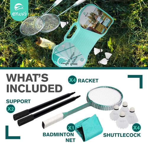 ENOVI EasyGo Badminton Set, with Net, 4 Racket, 4 Birdies, Portable Storage Box, for Backyards, Outdoor Games, Yard Games