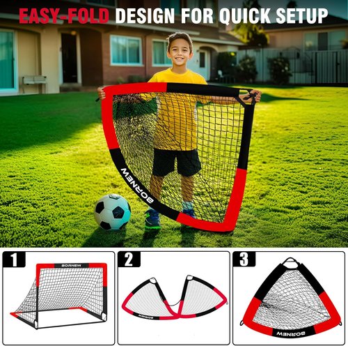 BORNEW Soccer Goals - 2 Pack Portable Pop Up Nets for Kids & Adults | Indoor & Outdoor Use, 7X5/6X4/4X3 ft