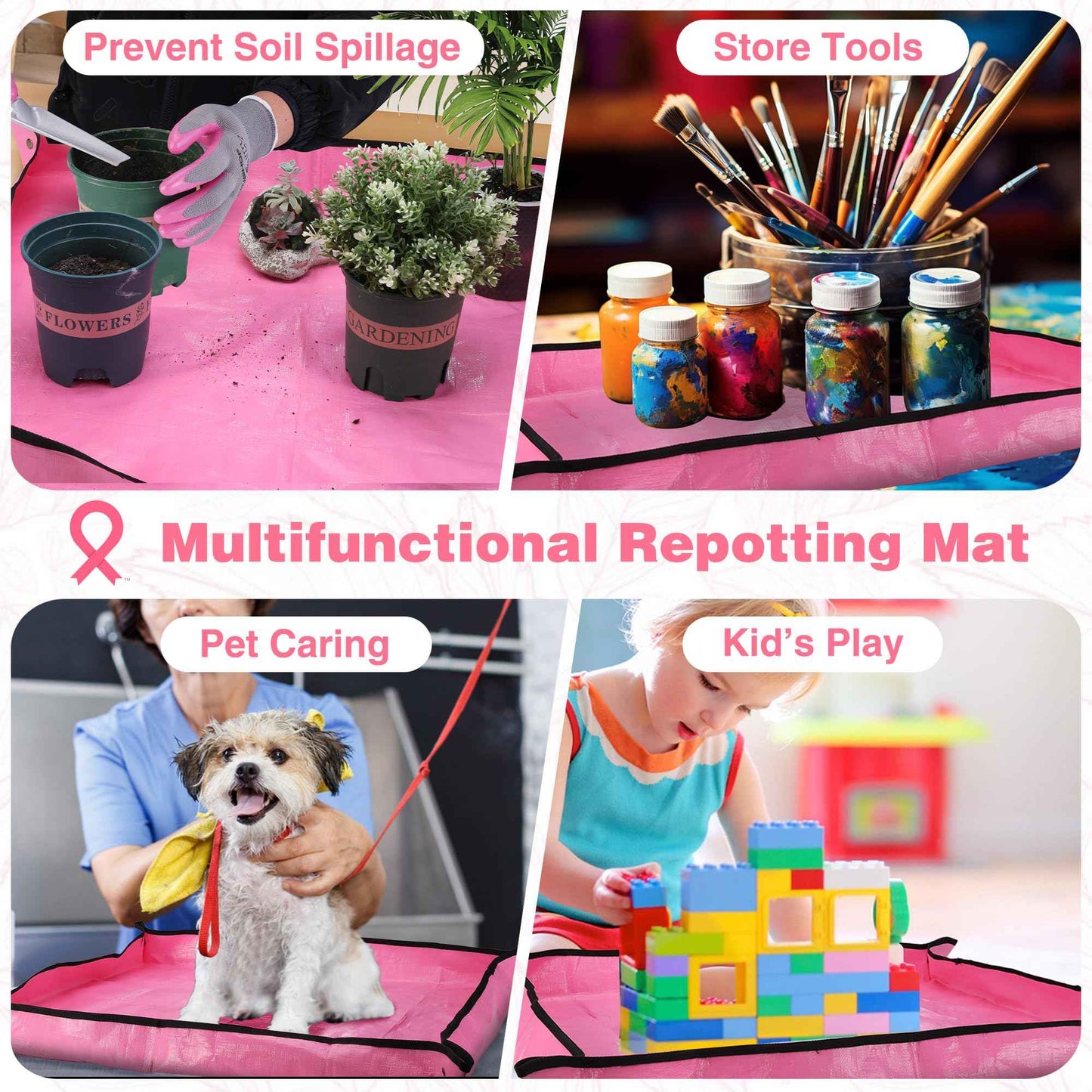 WORKPRO 5PCS Garden Tool Set, Powder Coating Compact Aluminum Gardening Tool Set with Repotting Mat, Outdoor Garden Hand Tools, Ideal Gardening Gift, Pink Ribbon