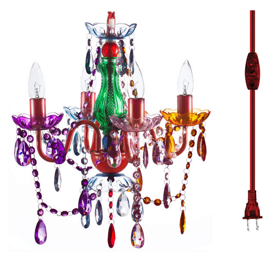 The Original Brink House Plug-in 4 Light Multicolor Hanging Swag Chandelier H17.5”xW15”, Red Metal Frame with Multicolor Glass Stem and Acrylic Crystals