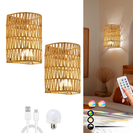 Battery Operated Wall Sconce Set of Two, Rattan rechargeable Wall Sconces Set of 2, Boho Battery Wall lights with Remote, Wireless Wall lamp for Bedroom,Living Room, Entryway 15 Colors Dimmable