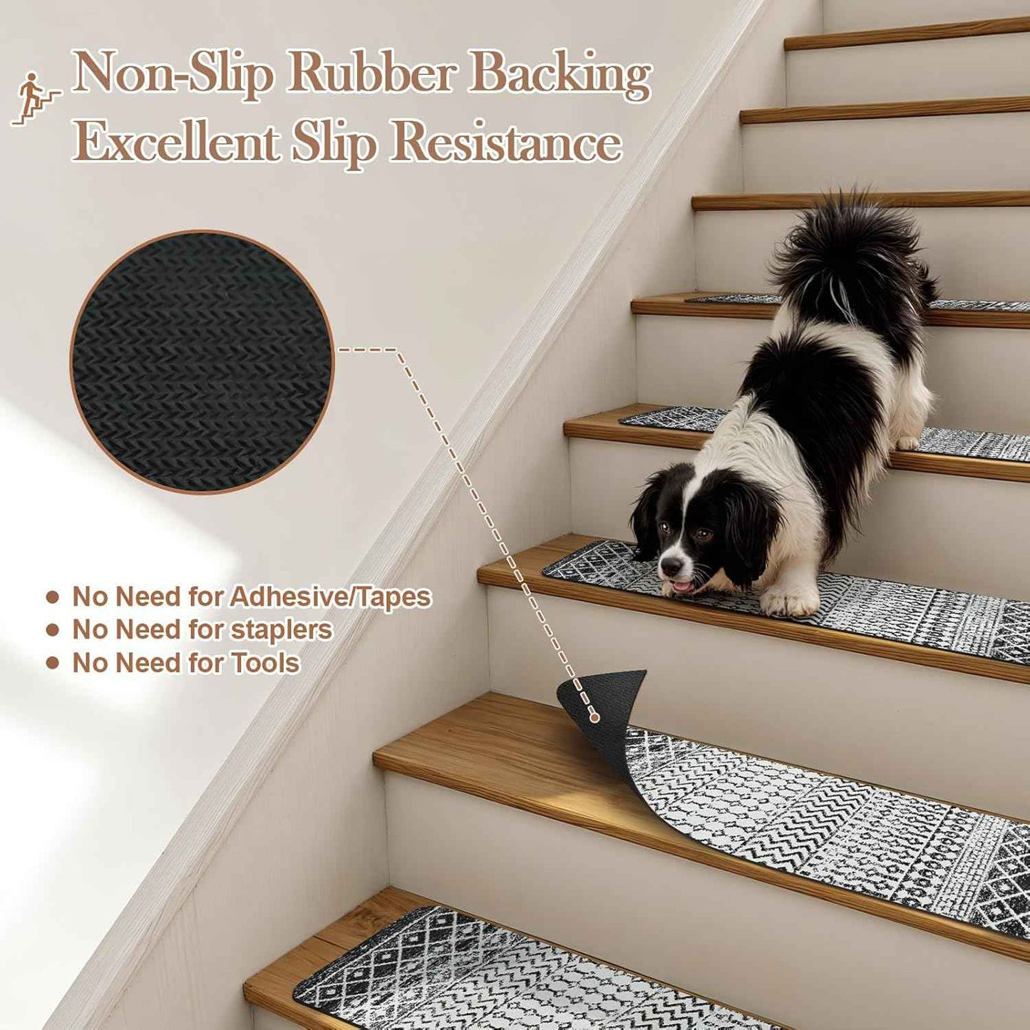 Non-Slip Stair Treads for Wooden Steps - 15 Pack 30"x8" Safety Mats for Dogs, Kids & Elders