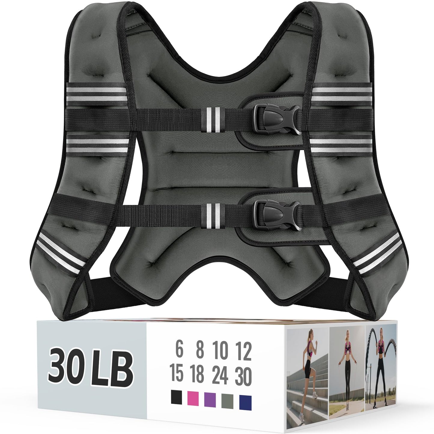 Zeerun Weighted Vest, 6lb/8lb/10lb/12lb/15lb/18lb/20lb/24lb/30lb for Men Women, Reflective Stripe Adjustable Buckle, Comfortable Durable Rucking Vest for Walking Running Strength Training, 30LBS-Gray