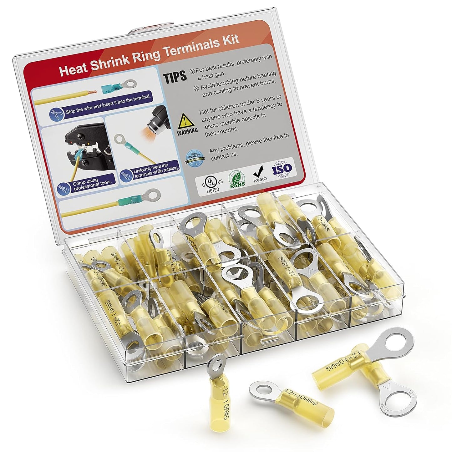 AIRIC Heat Shrink Ring Terminals Kit - Copper Connector Ends for 12/10 AWG Wires | 50 PCS, Yellow